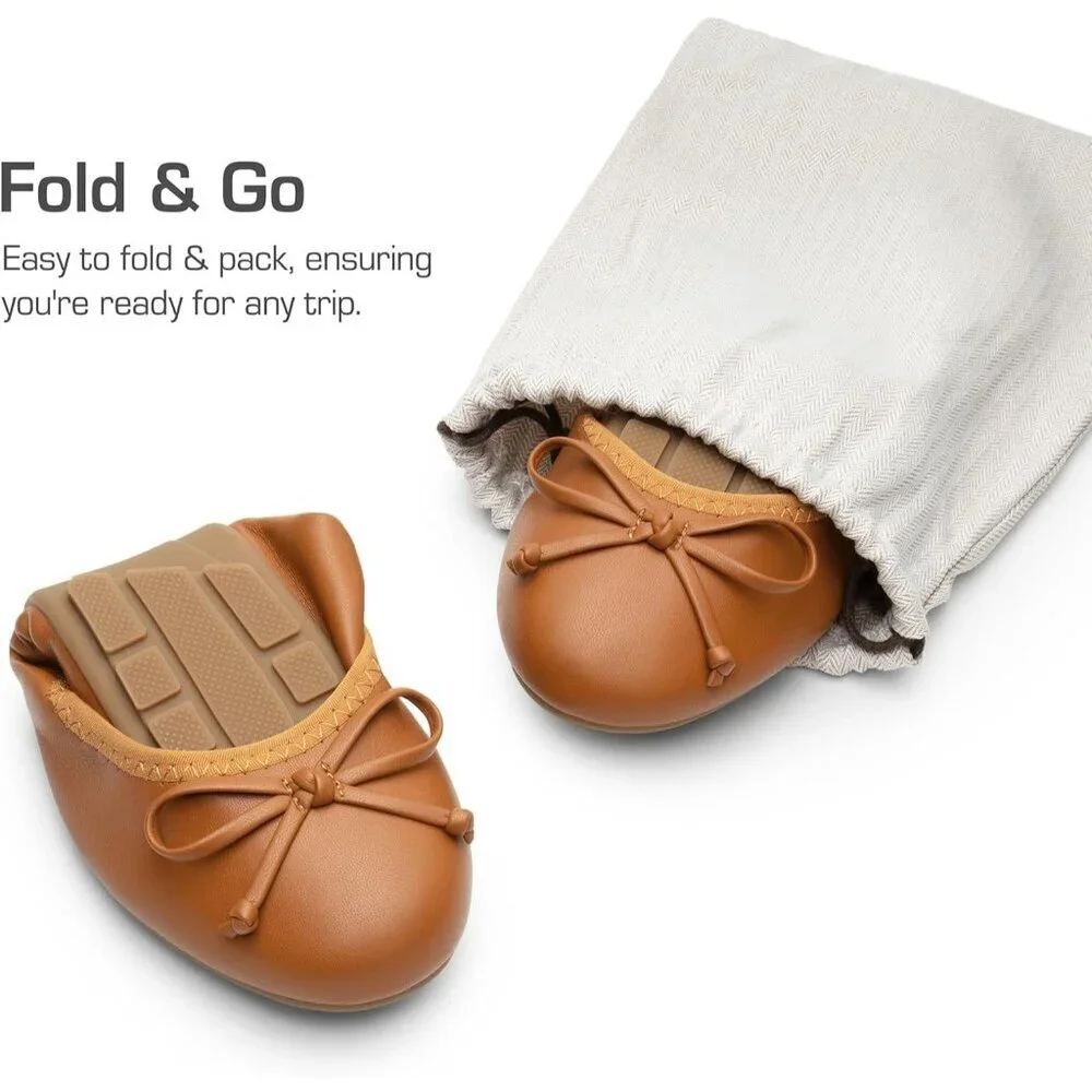 Women's Brown Bowknot Round Toe Comfort Light Weight Slip-on Foldable Flats
